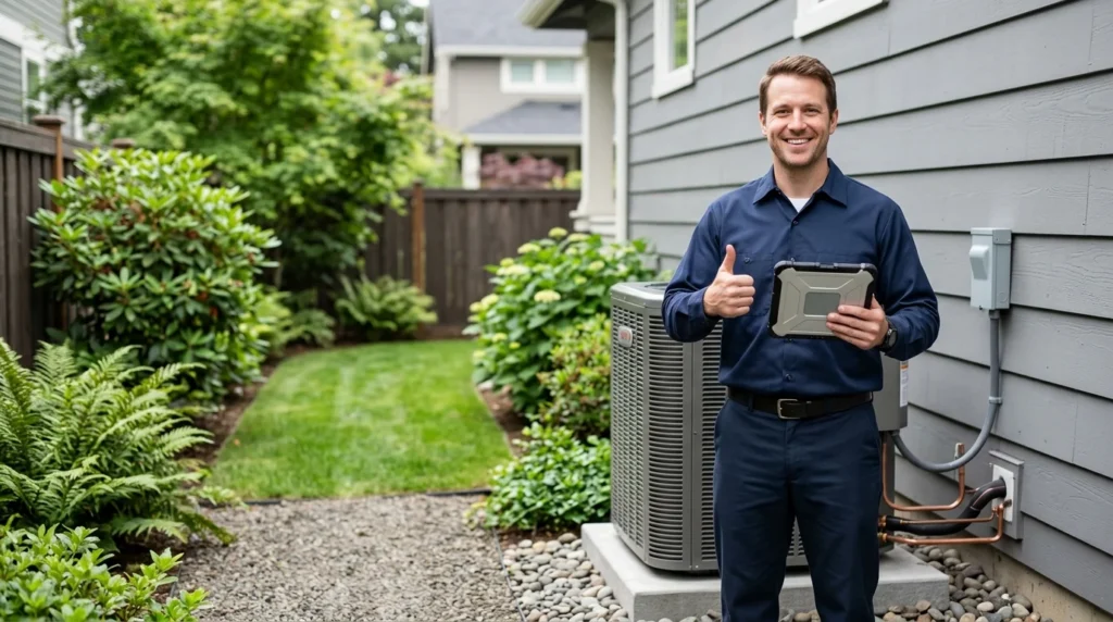 A cheerful technician giving a thumbs up beside a newly installed high-efficiency condenser in a suburban Baton Rouge home.